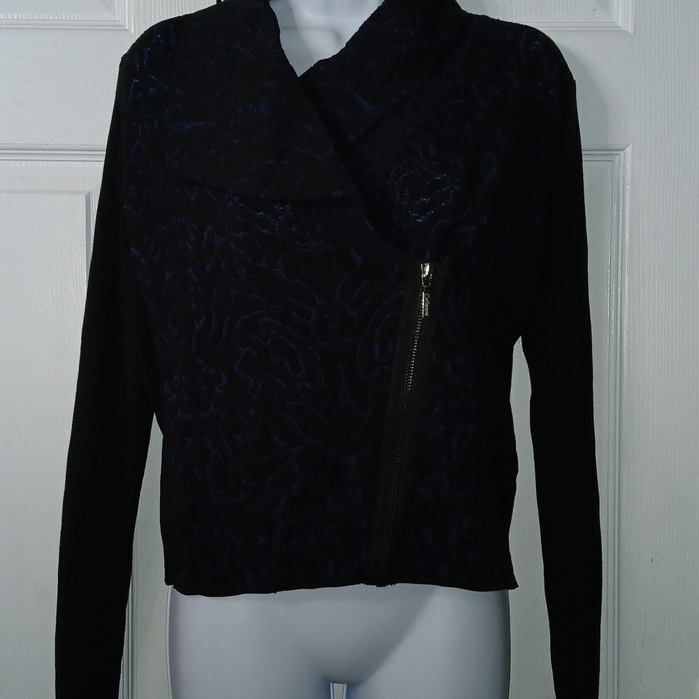 Catherine Malandrino zip up black and navy floral print moto runway jacket Sz S